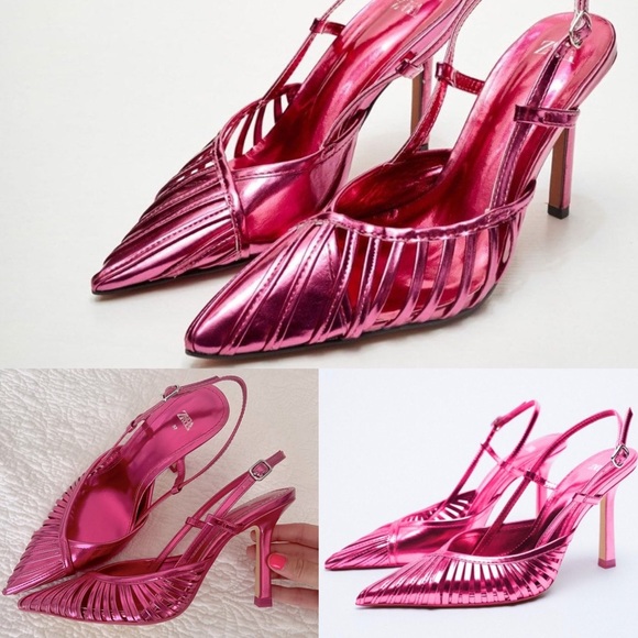 Zara Shoes - Zara size 39 fuchsia pink metallic strappy stiletto pump slingback heels